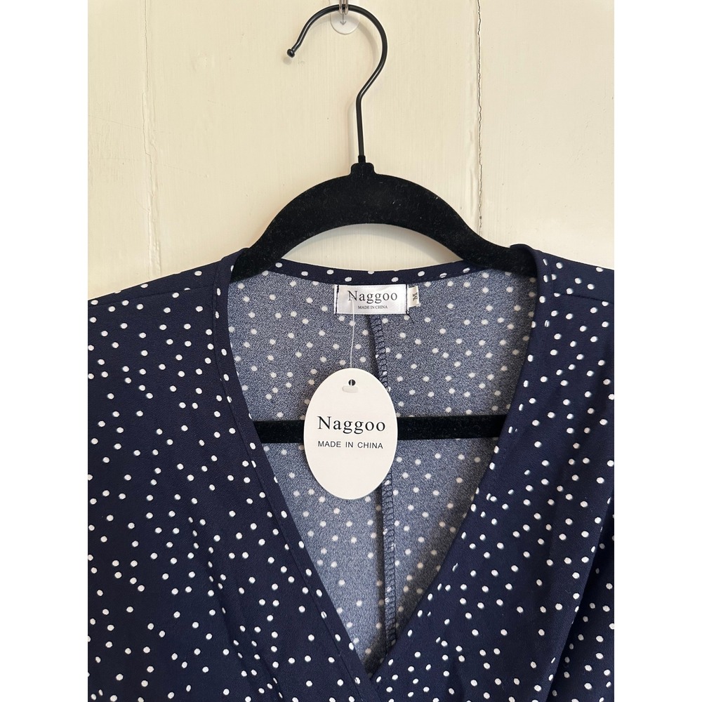 Naggoo Navy Blue Polka Dot Wrap‎ Dress Ruffle Hem Short Sleeve Medium NWT